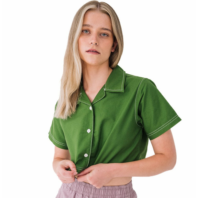 Cropped Camp Collar Shirt in Green